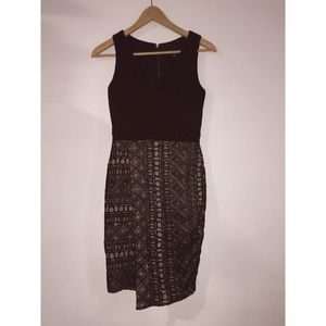 Macy’s black bodycon dress, aztec embroidery